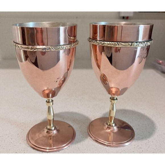Set of 2 Orfe Mexican? Copper over Silver Wine Goblets Brass Stems Mixed Metals - Picture 3 of 14